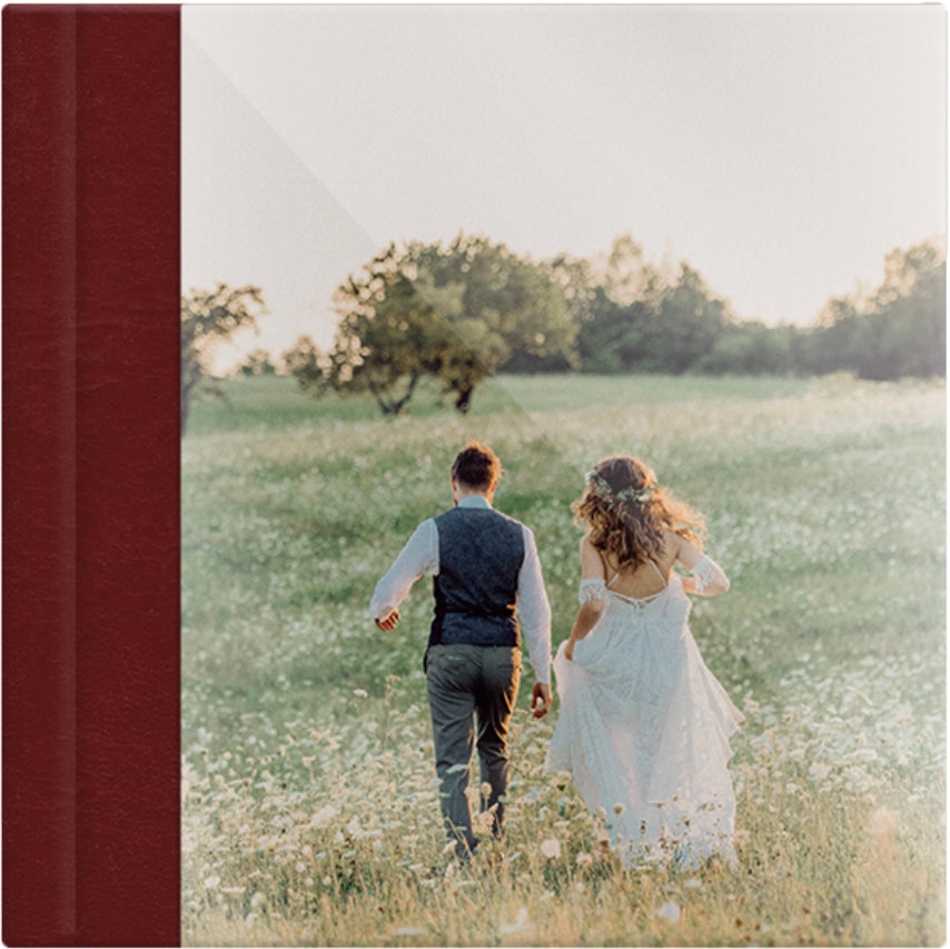 Cranberry Vintage leatherette wedding album, full acrylic photo cover, 12x12