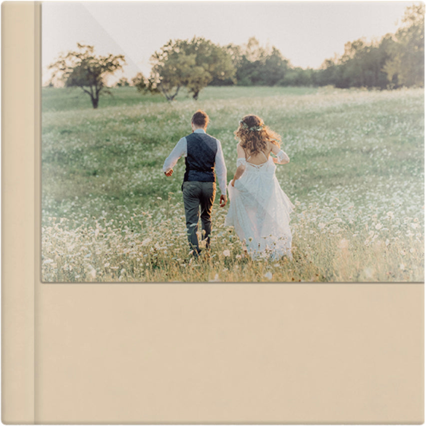 Champagne leatherette wedding album, half acrylic photo cover, 12x12