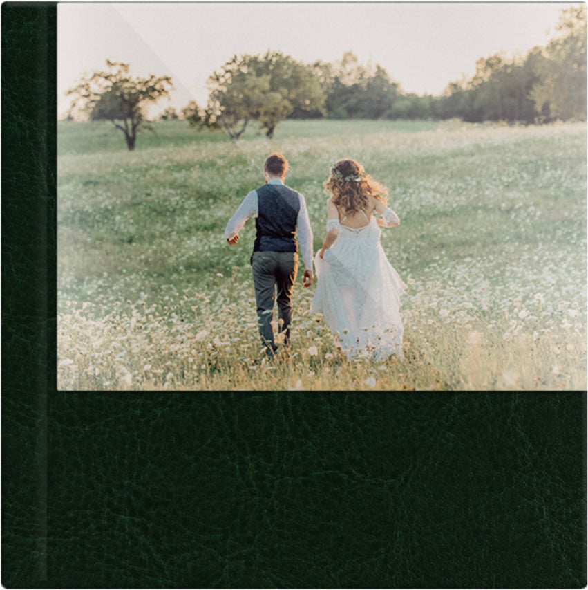 Hunter Green leatherette wedding album, half acrylic photo cover, 12x12