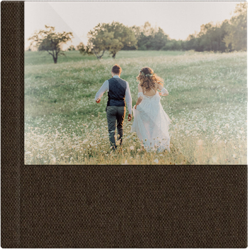 Brown linen wedding album, half acrylic photo cover, 12x12