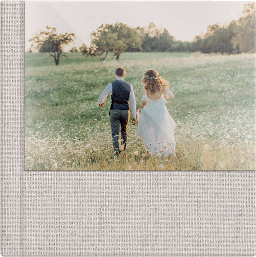 Cappuccino linen wedding album, half acrylic photo cover, 12x12