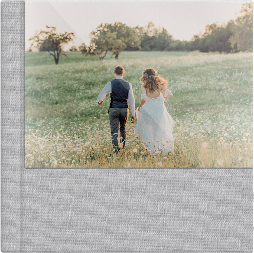 Mist Grey linen wedding album, half acrylic photo cover, 12x12