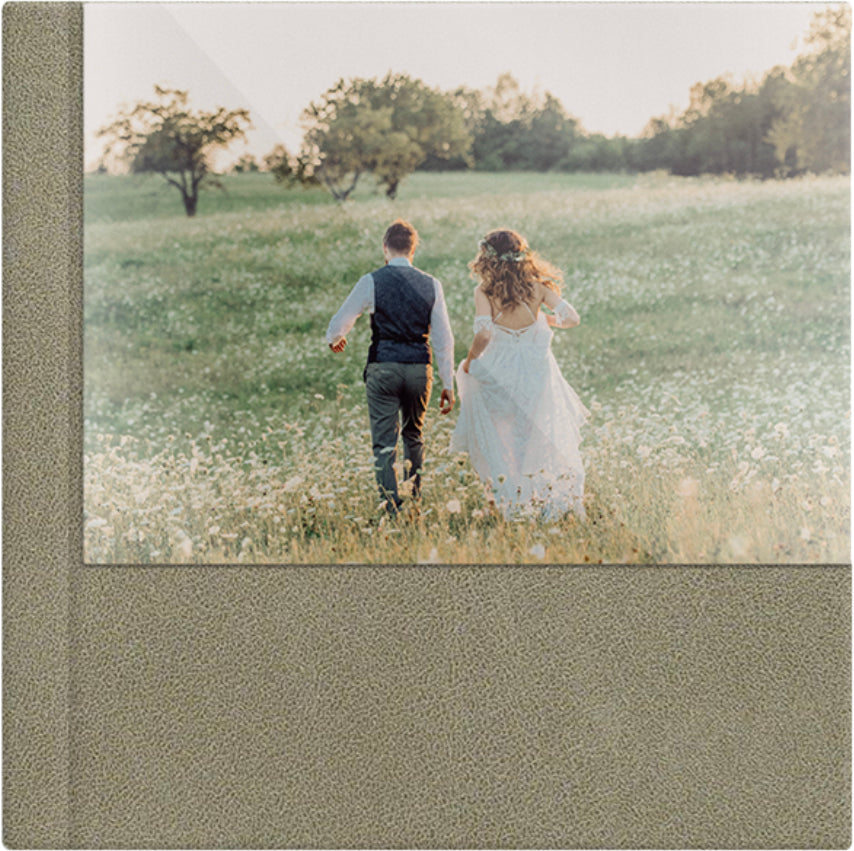 Nubuck Olive leatherette wedding album, half acrylic photo cover, 12x12