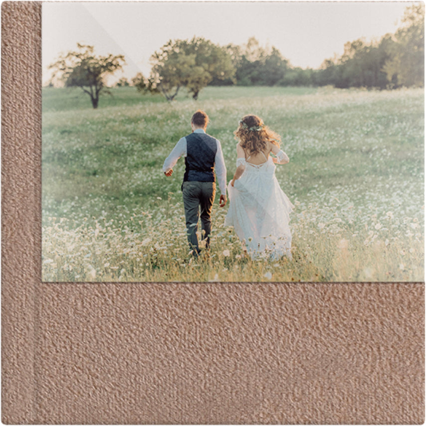 Camel Brown velvet wedding album, half acrylic photo cover, 12x12