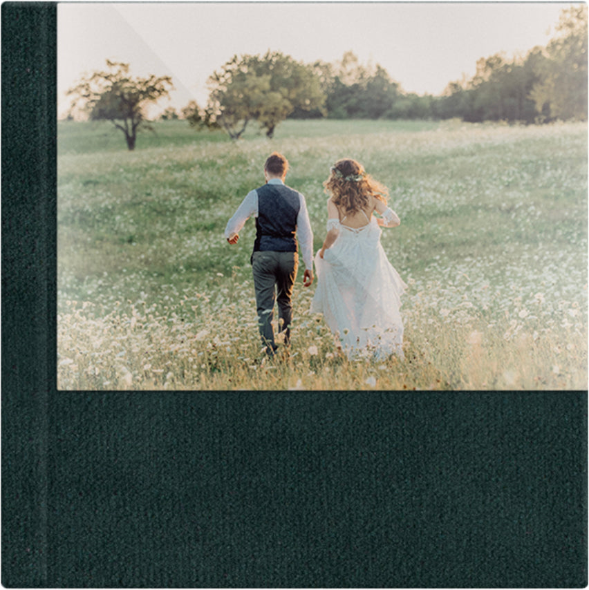 Deep Sea Blue velvet wedding album, half acrylic photo cover, 12x12