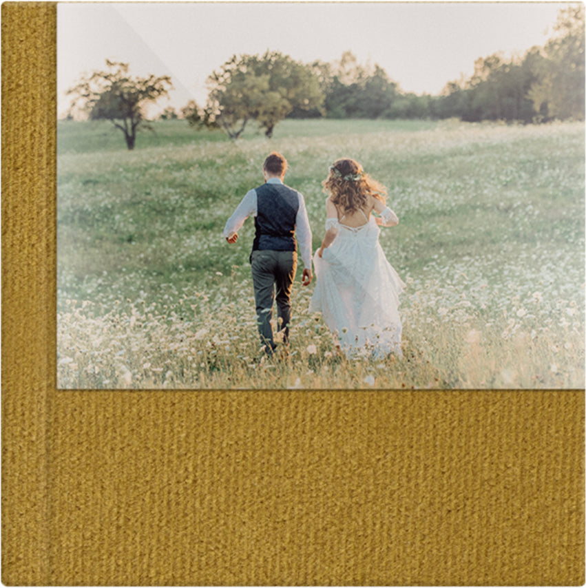 Dijon Yellow velvet wedding album, half acrylic photo cover, 12x12