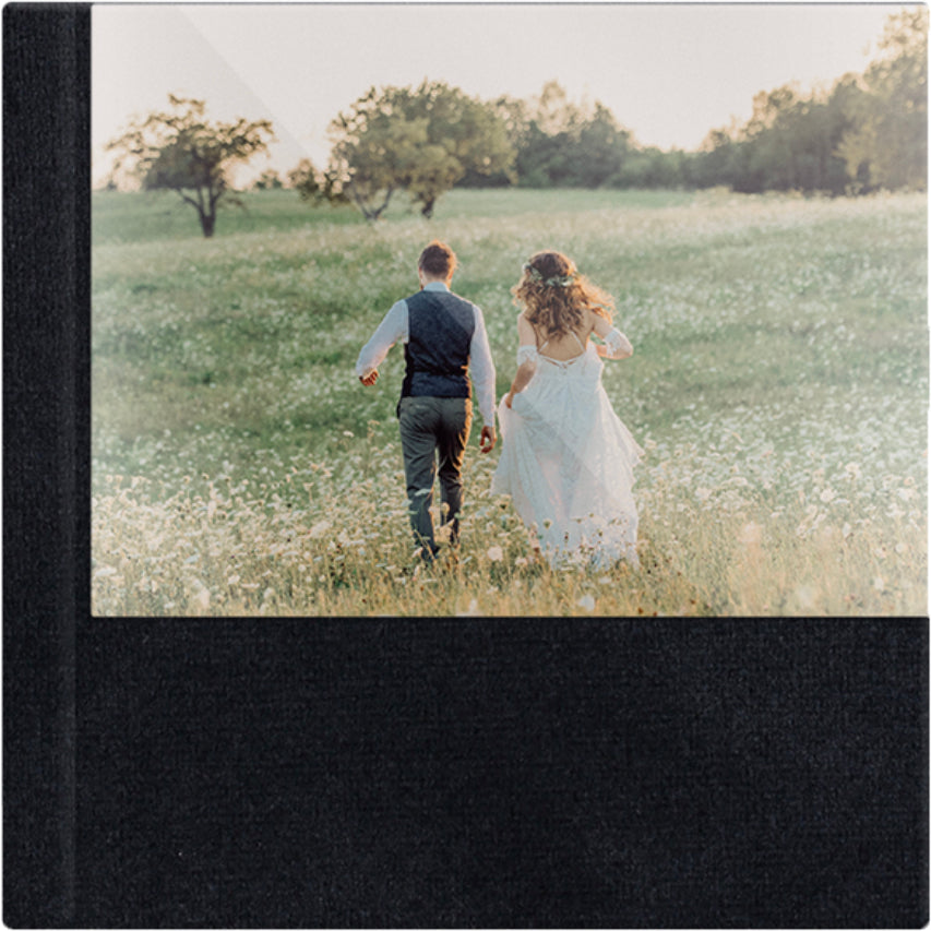 Liquorice Black velvet wedding album, half acrylic photo cover, 12x12