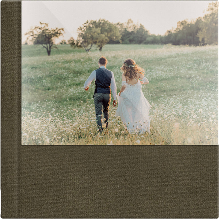 Taupe Brown velvet wedding album, half acrylic photo cover, 12x12