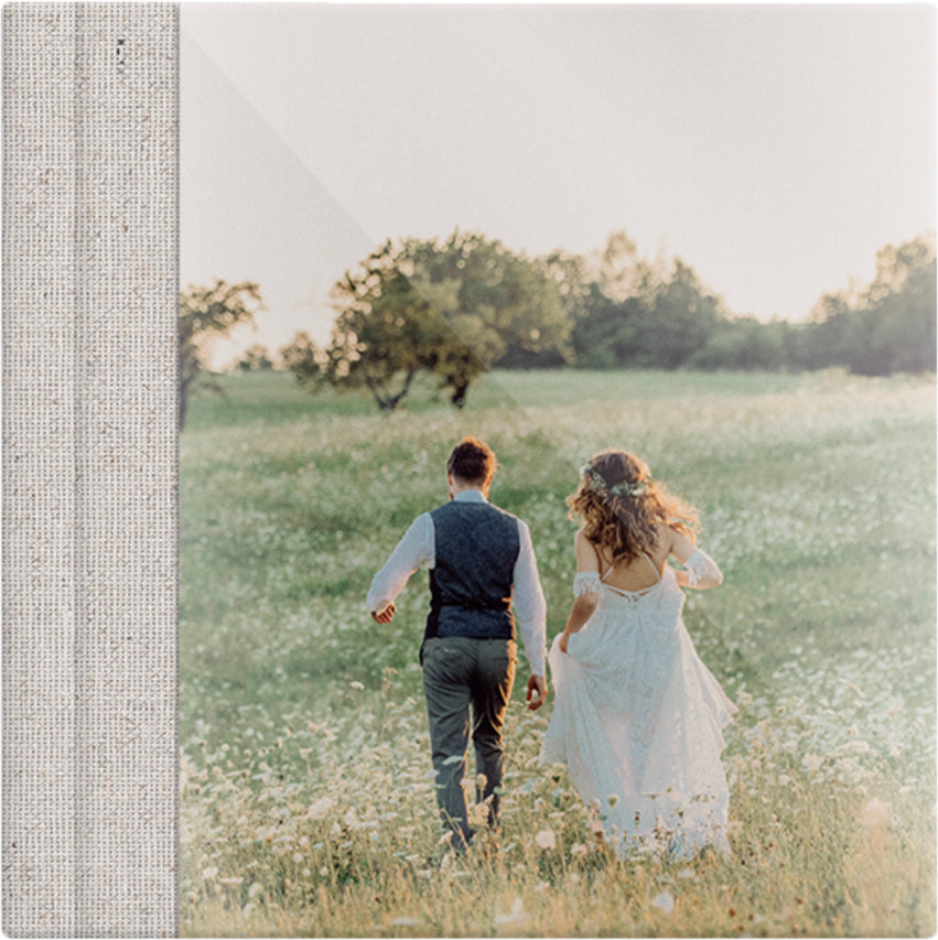 Cappuccino linen wedding album, full acrylic photo cover, 12x12