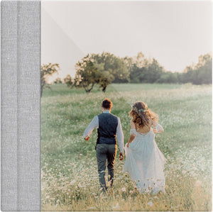 Mist Grey linen wedding album, full acrylic photo cover, 12x12