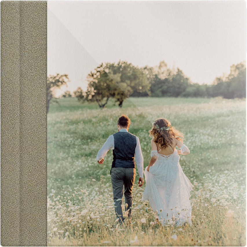 Nubuck Olive leatherette wedding album, full acrylic photo cover, 12x12