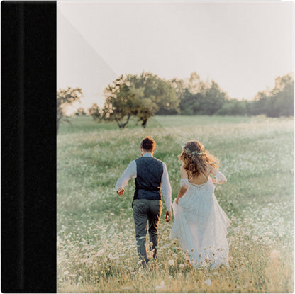 Raven Black leatherette wedding album, full acrylic photo cover, 12x12