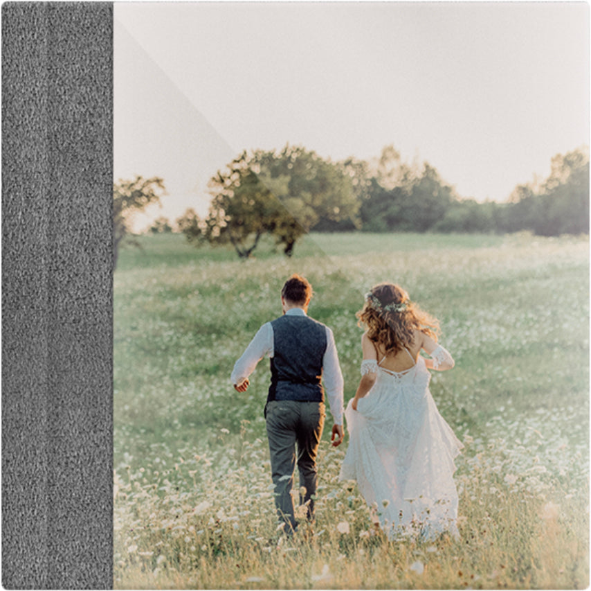 Iron Grey suede wedding album, full acrylic photo cover, 12x12