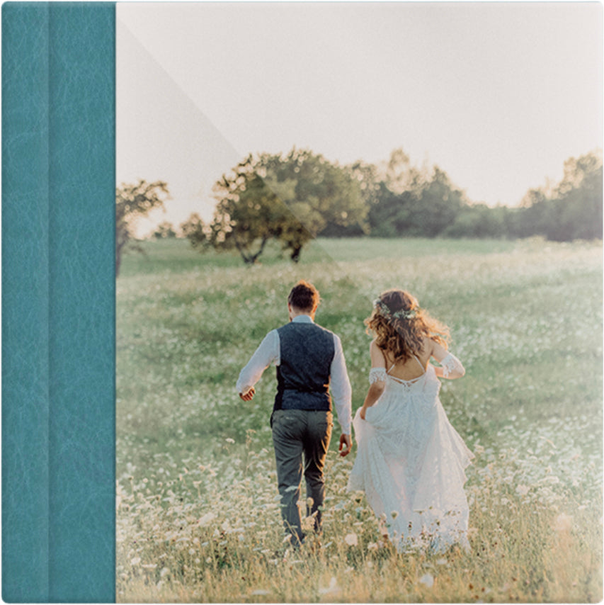 Turquoise leatherette wedding album, full acrylic photo cover, 12x12