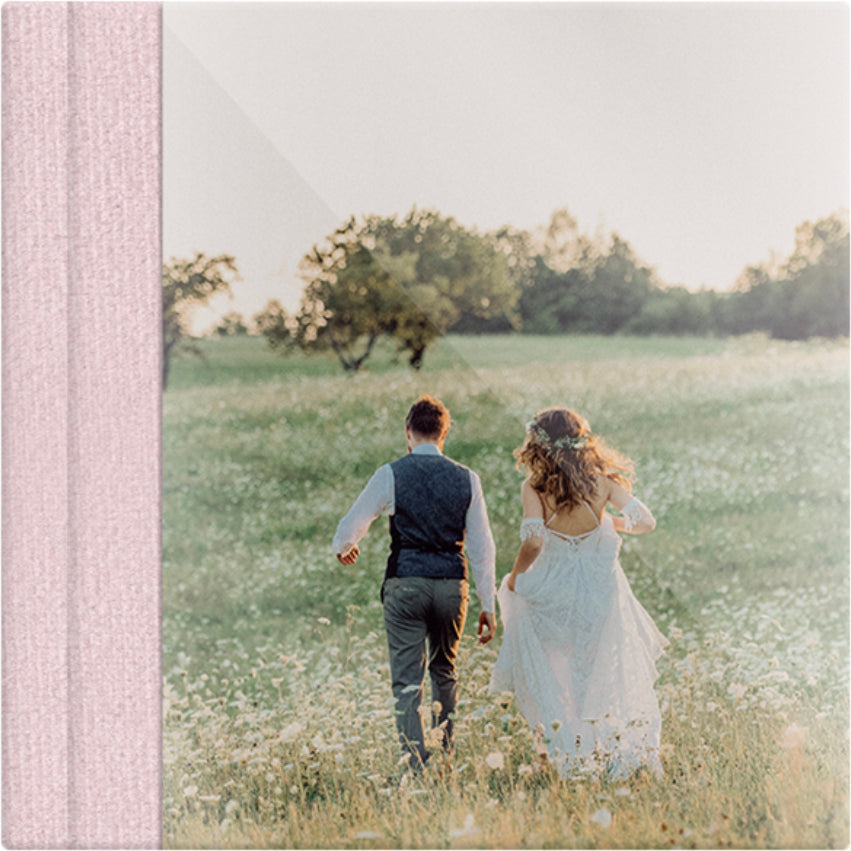 Soft Rose Pink velvet wedding album, full acrylic photo cover, 12x12