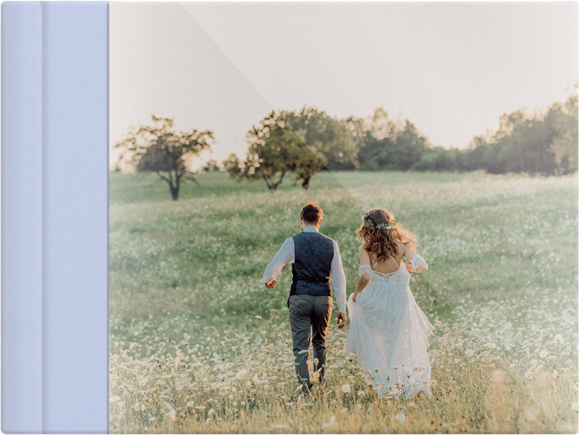 Baby Blue leatherette wedding album, full acrylic photo cover, 18x12