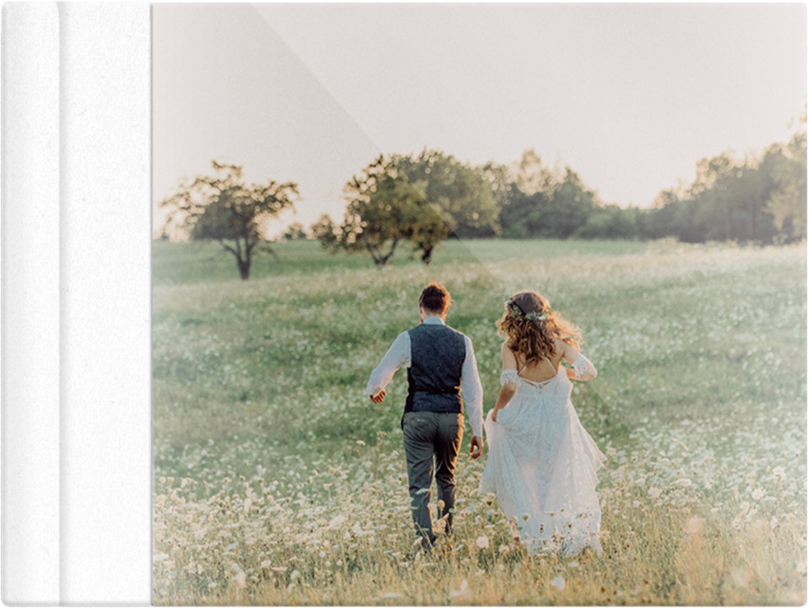 Frothy White leatherette wedding album, full acrylic photo cover, 18x12