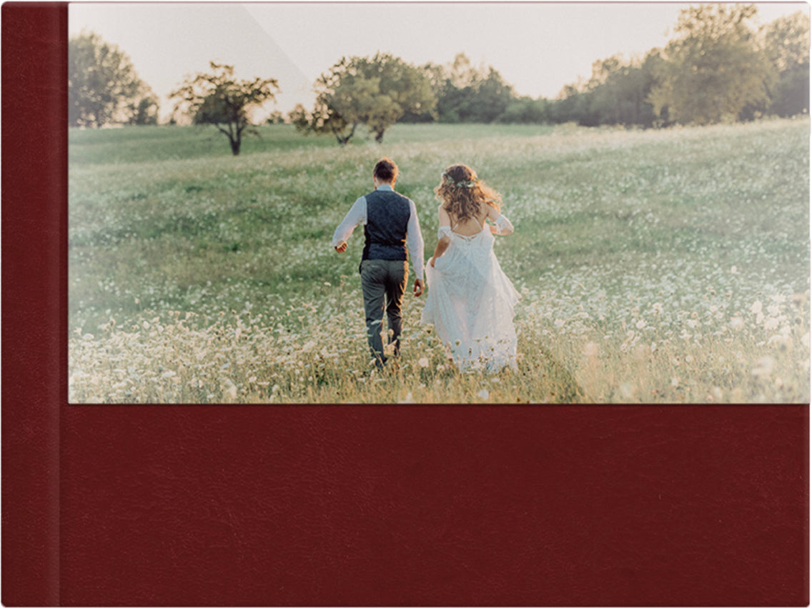 Cranberry Vintage leatherette wedding album, half acrylic photo cover, 18x12
