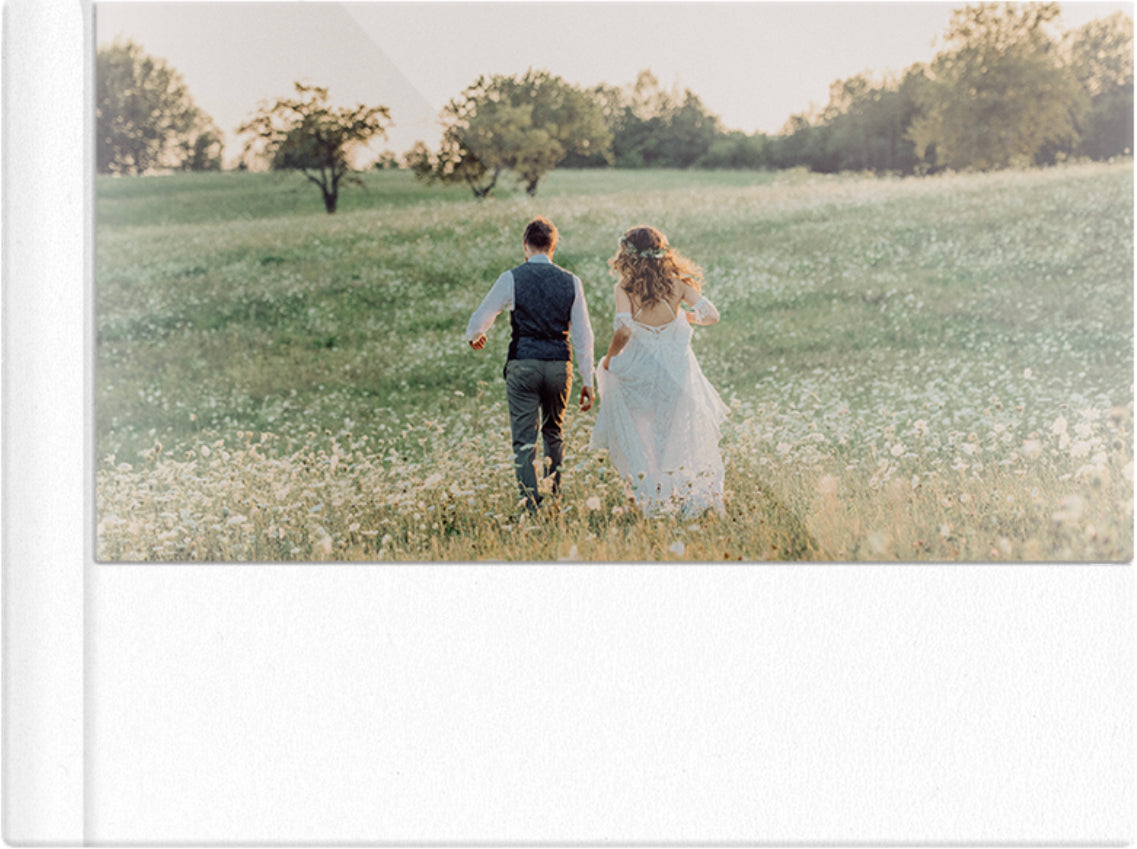 Frothy White leatherette wedding album, half acrylic photo cover, 18x12