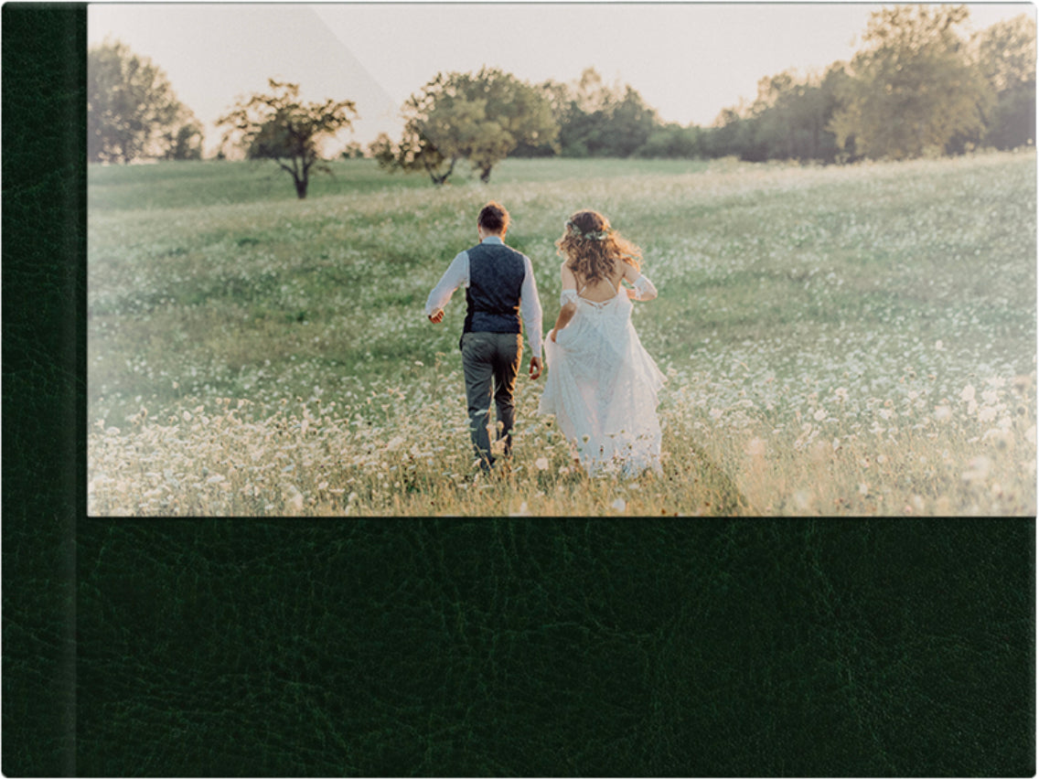 Hunter Green leatherette wedding album, half acrylic photo cover, 18x12