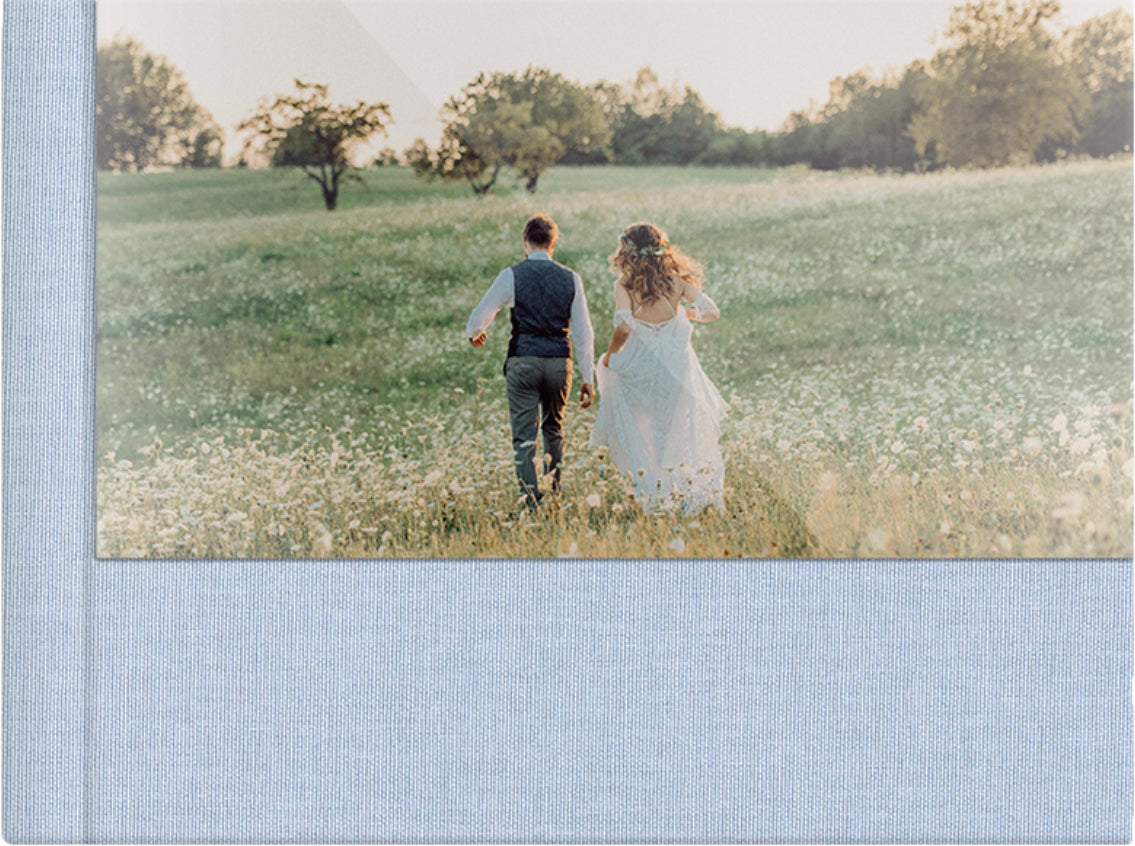 Baby Blue linen wedding album, half acrylic photo cover, 18x12