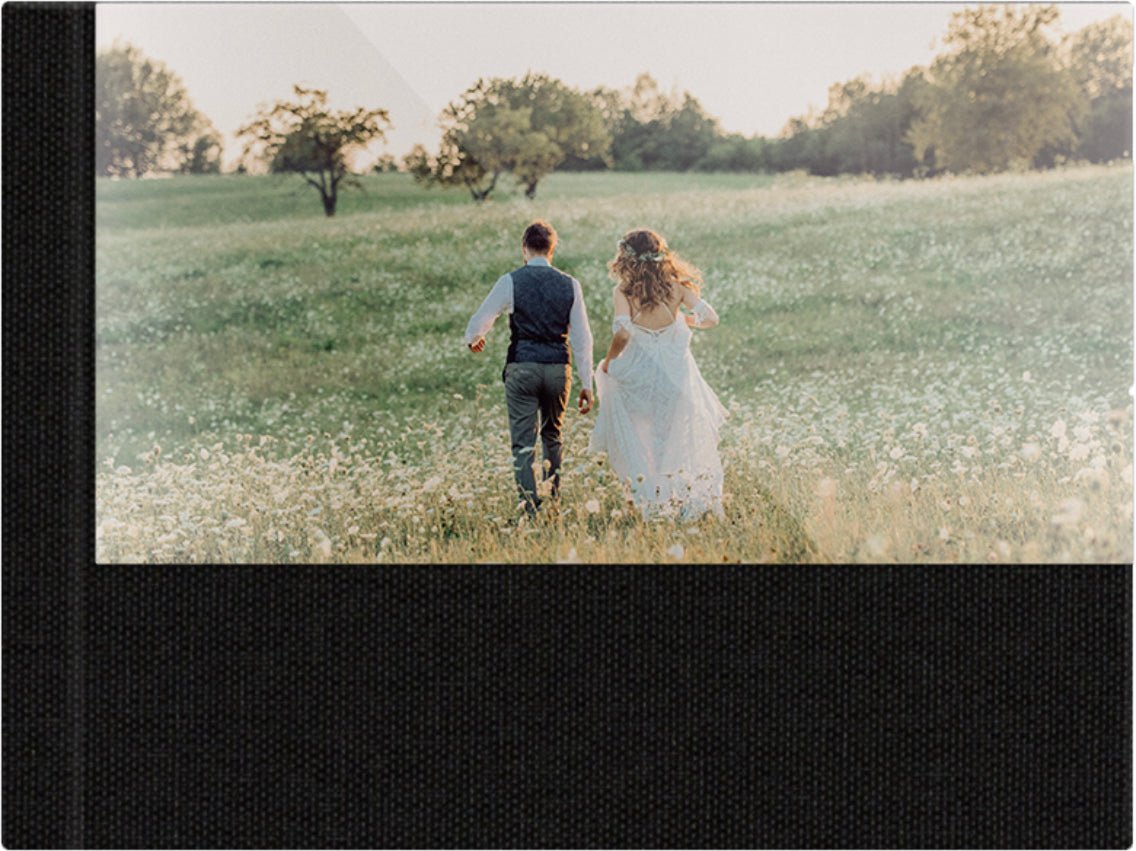 Black linen wedding album, half acrylic photo cover, 18x12