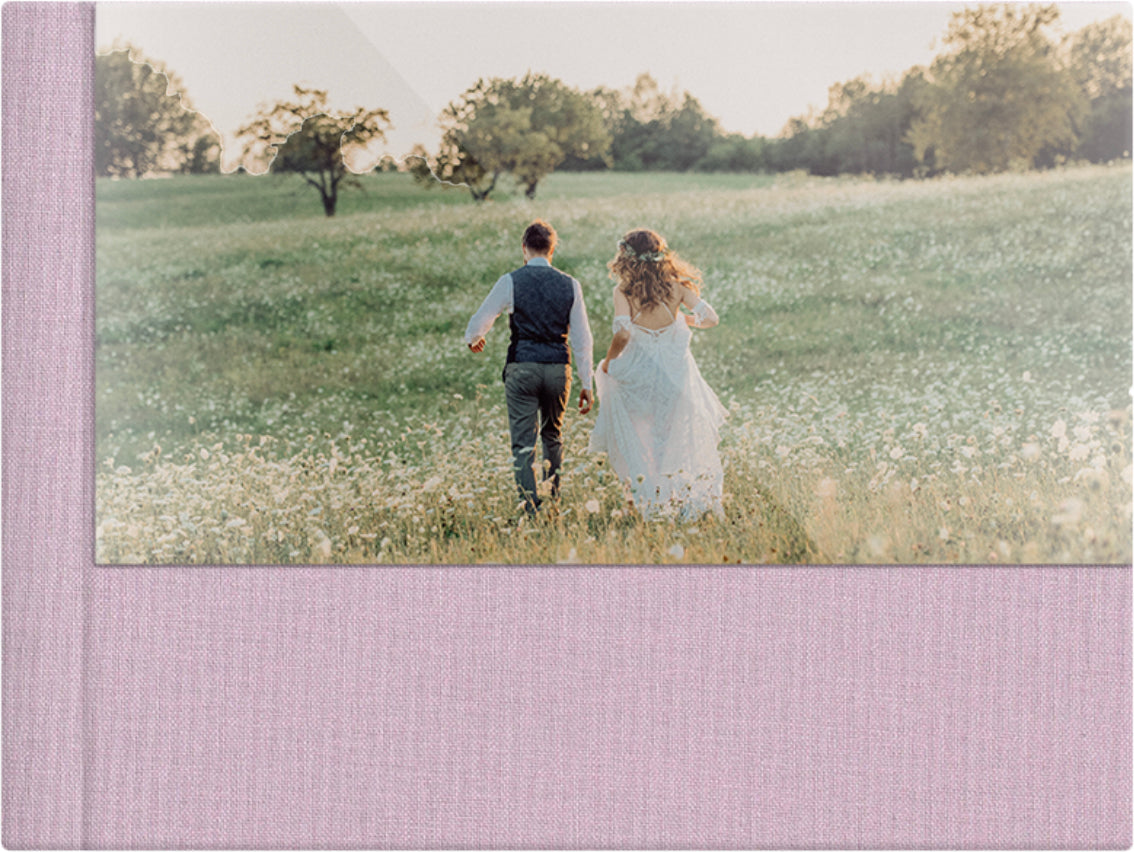 Blush Pink linen wedding album, half acrylic photo cover, 18x12