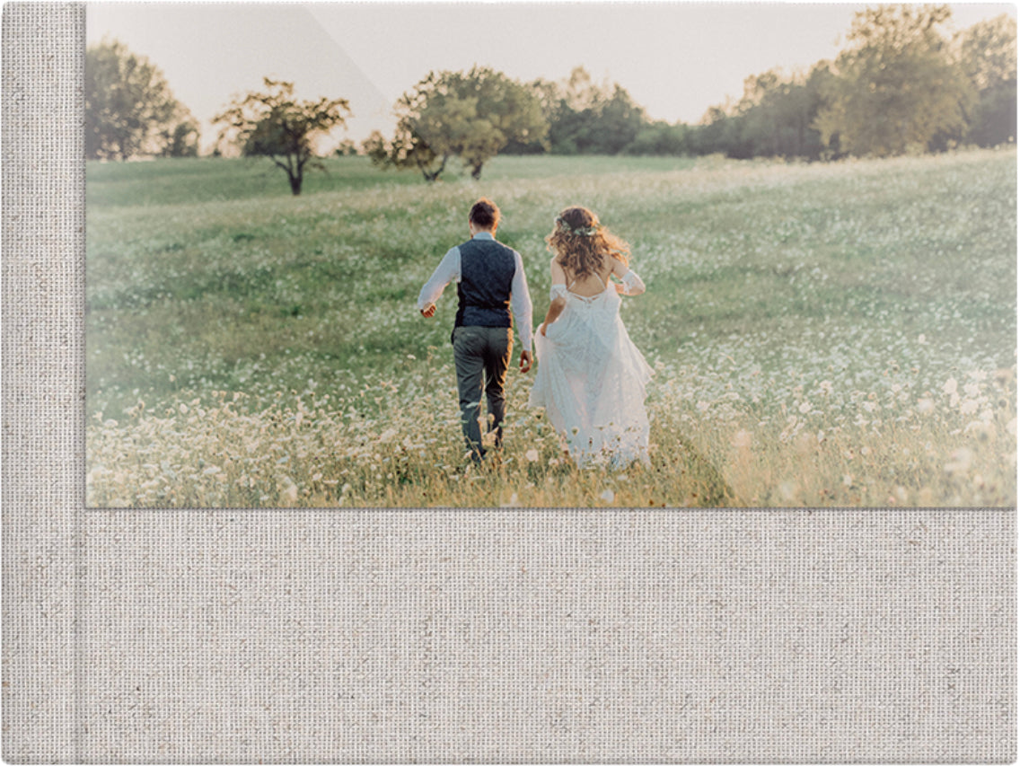 Cappuccino linen wedding album, half acrylic photo cover, 18x12