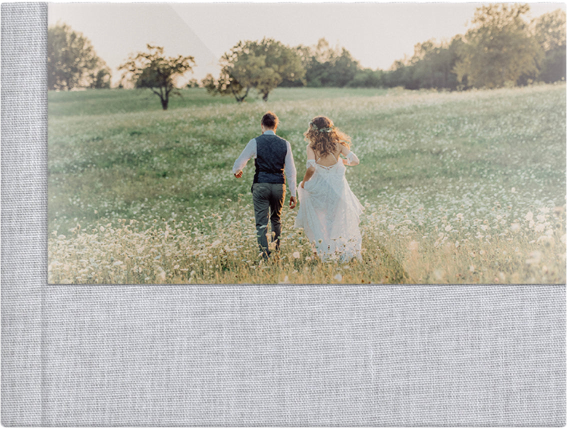 Cold Grey linen wedding album, half acrylic photo cover, 18x12