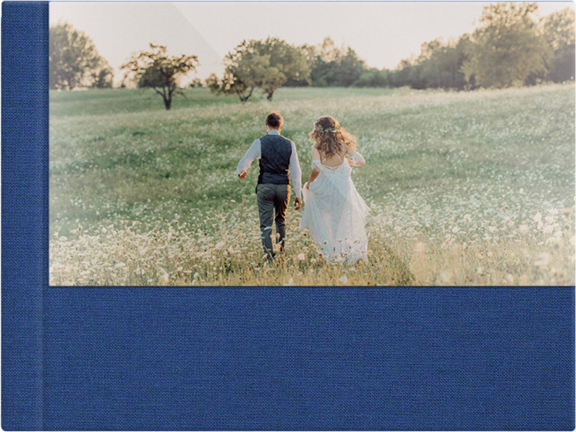 Navy linen wedding album, half acrylic photo cover, 18x12