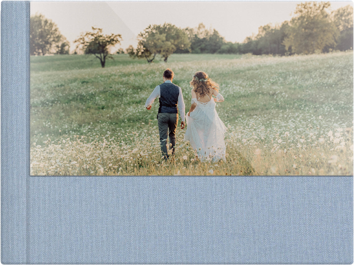 Pigeon Blue linen wedding album, half acrylic photo cover, 18x12