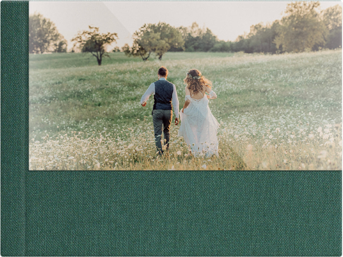 Spruce Green linen wedding album, half acrylic photo cover, 18x12