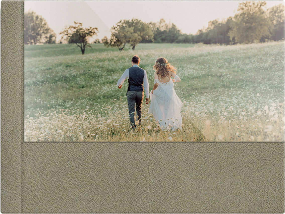 Nubuck Olive leatherette wedding album, half acrylic photo cover, 18x12