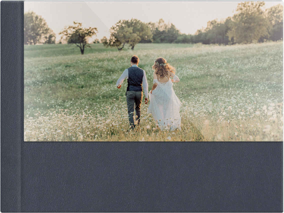 Stone Grey leatherette wedding album, half acrylic photo cover, 18x12