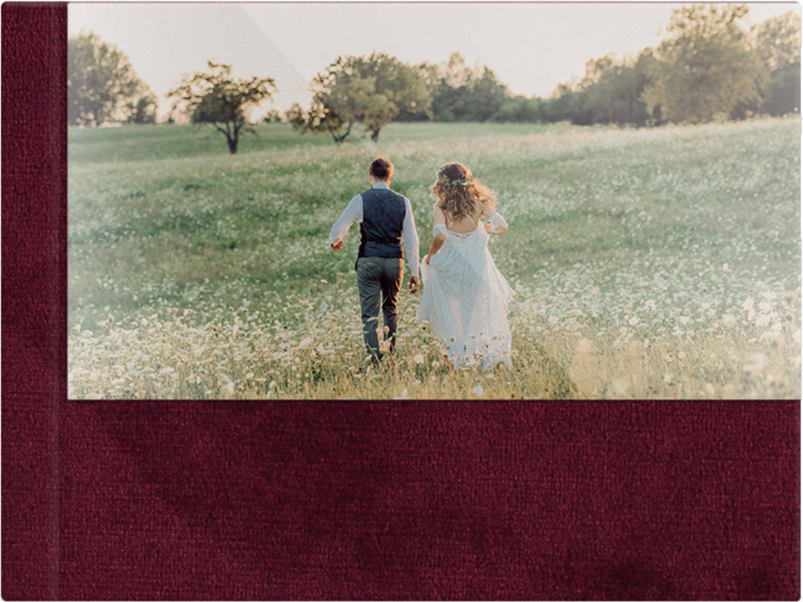 Burgundy velvet wedding album, half acrylic photo cover, 18x12