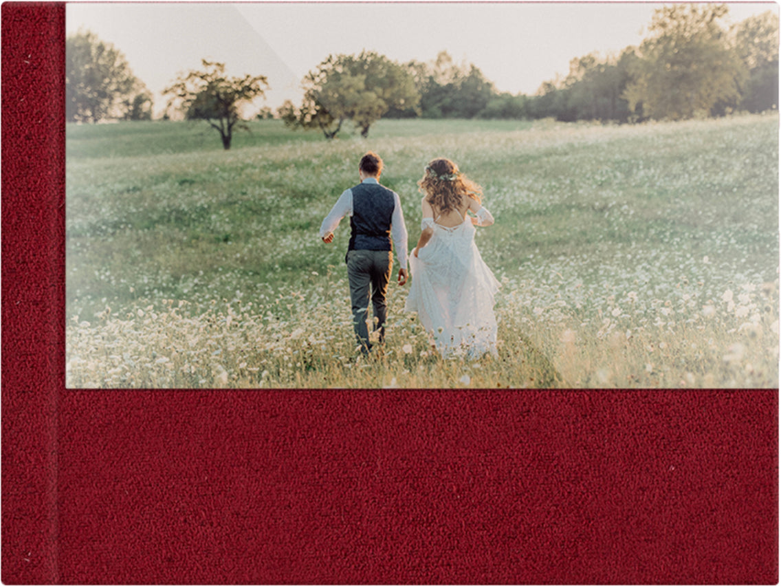 Cardinal Red velvet wedding album, half acrylic photo cover, 18x12