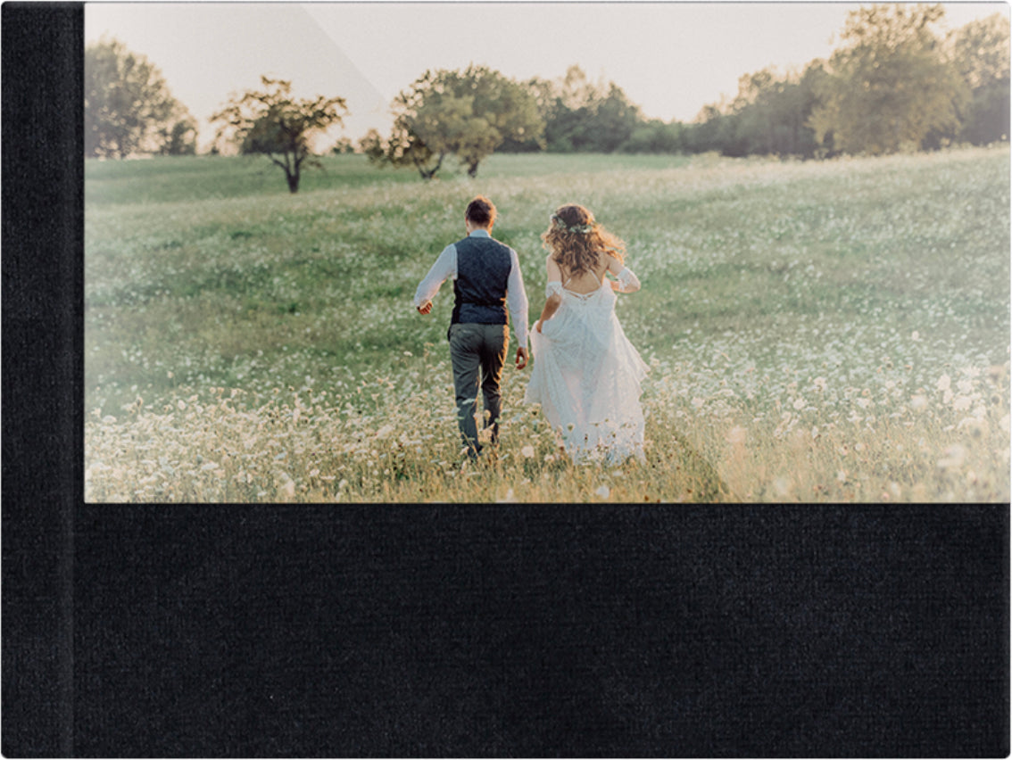Liquorice Black velvet wedding album, half acrylic photo cover, 18x12