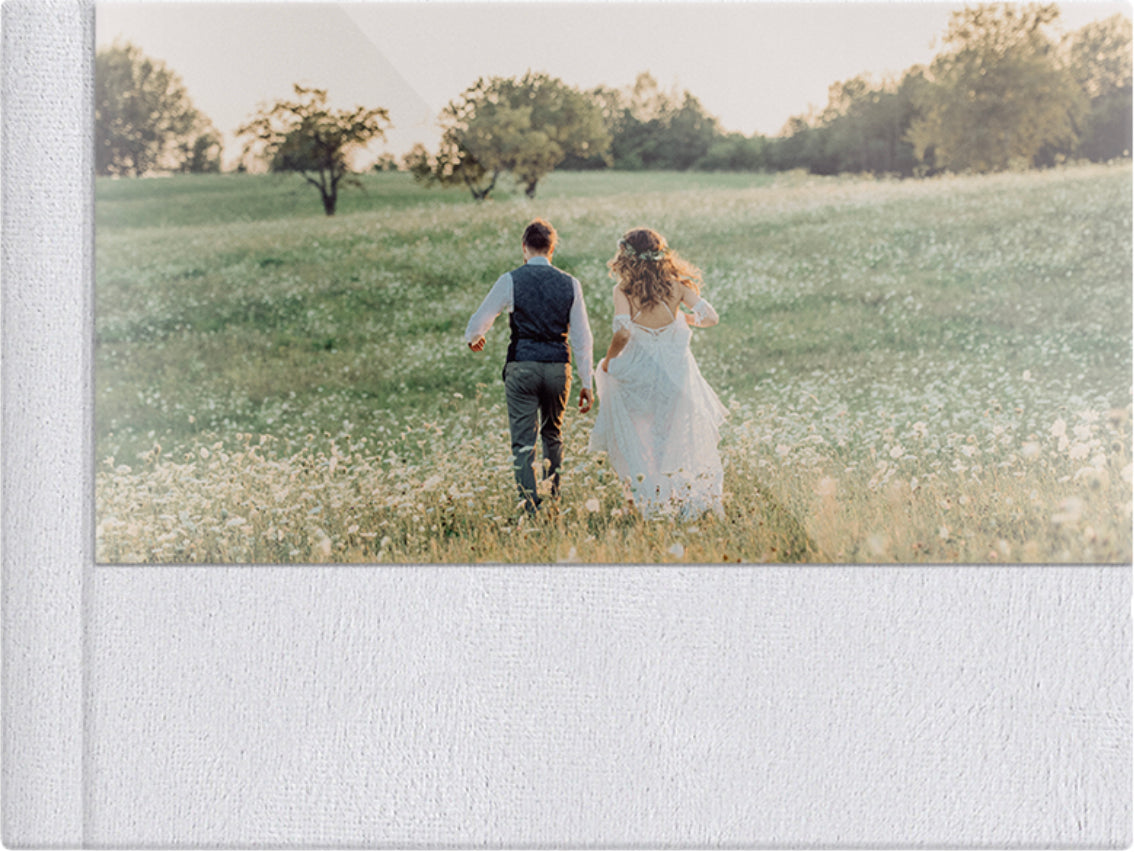 Off White velvet wedding album, half acrylic photo cover, 18x12