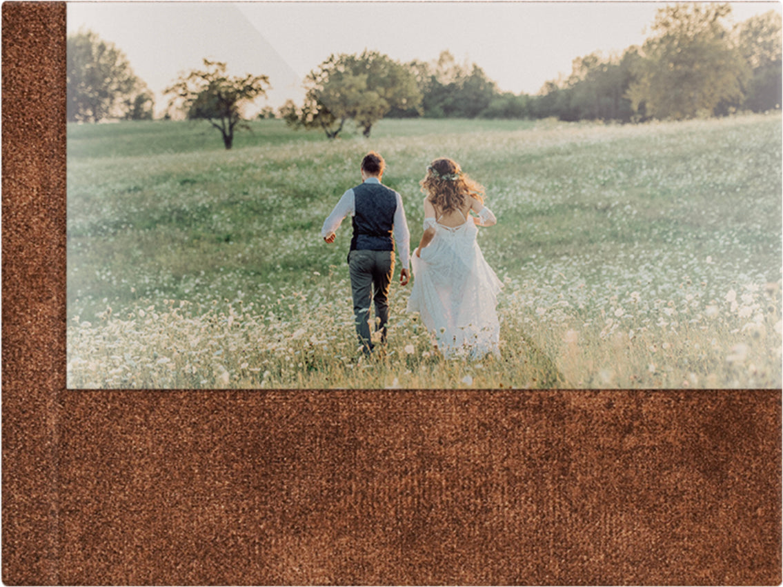 Polished Bronze velvet wedding album, half acrylic photo cover, 18x12