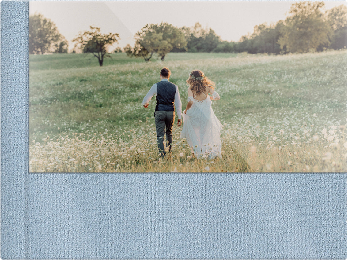 Robin Egg Blue velvet wedding album, half acrylic photo cover, 18x12