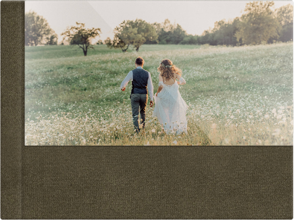 Taupe Brown velvet wedding album, half acrylic photo cover, 18x12