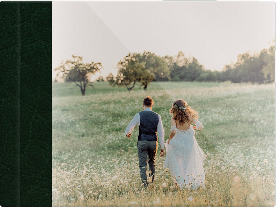 Hunter Green leatherette wedding album, full acrylic photo cover, 18x12