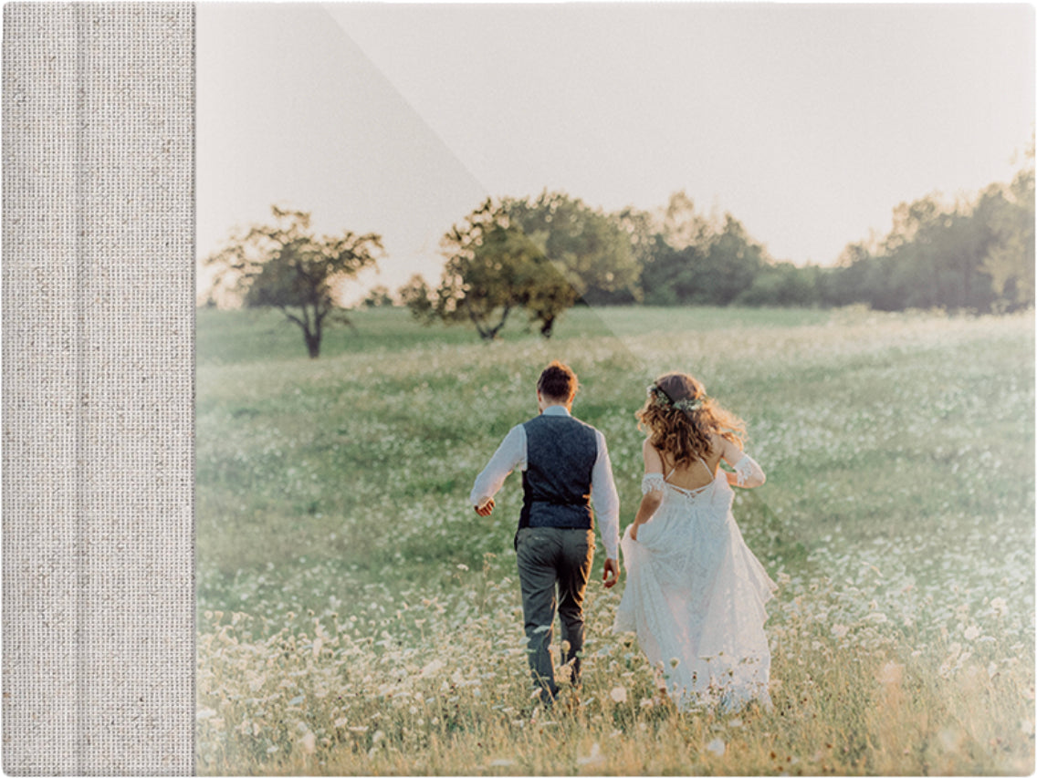 Cappuccino linen wedding album, full acrylic photo cover, 18x12