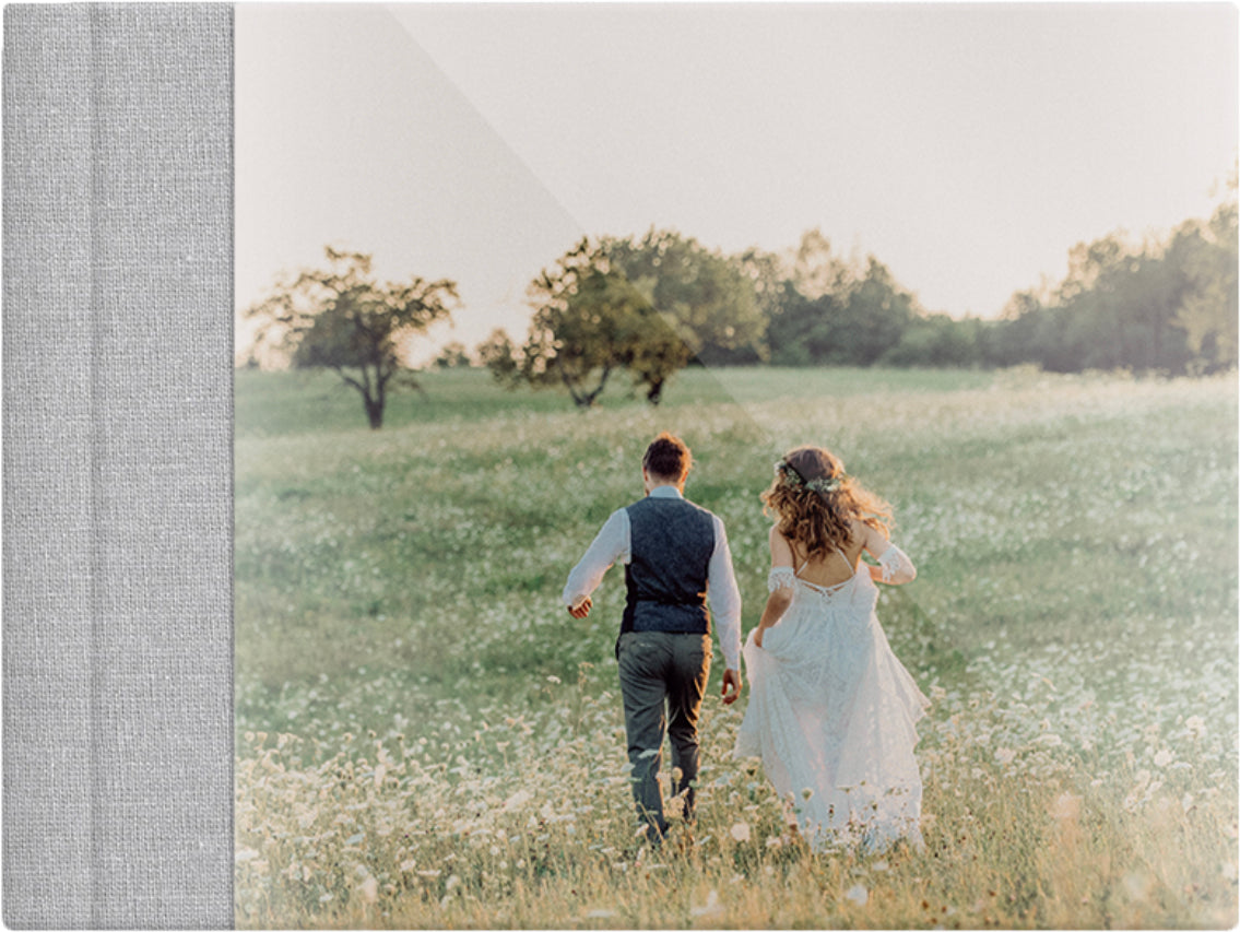 Mist Grey linen wedding album, full acrylic photo cover, 18x12