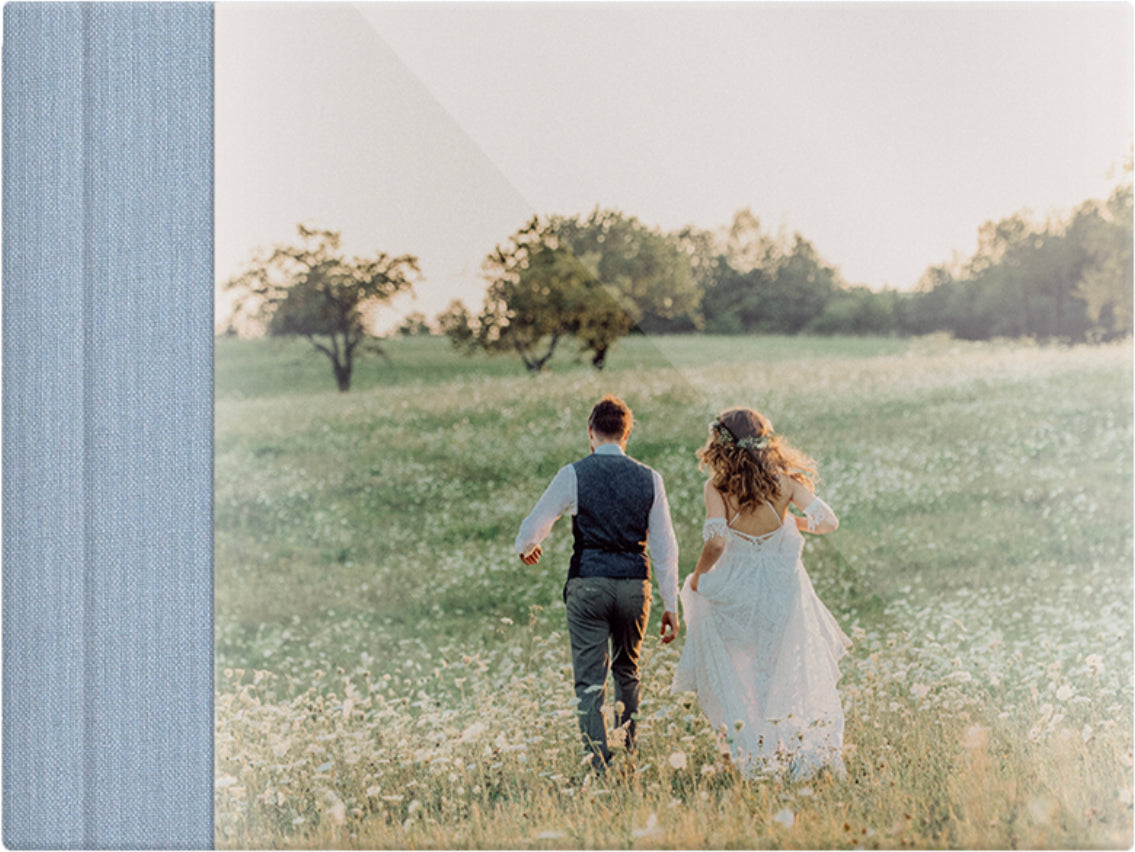 Pigeon Blue linen wedding album, full acrylic photo cover, 18x12