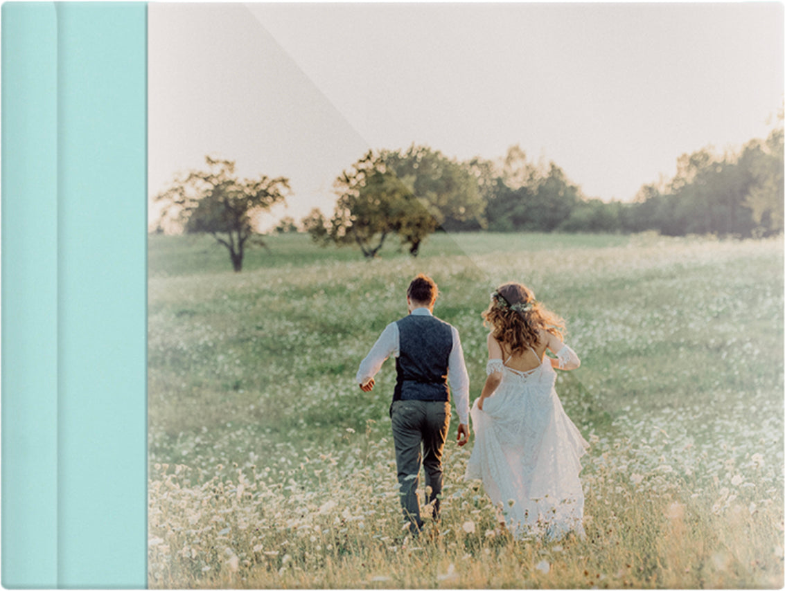 Mint Green leatherette wedding album, full acrylic photo cover, 18x12