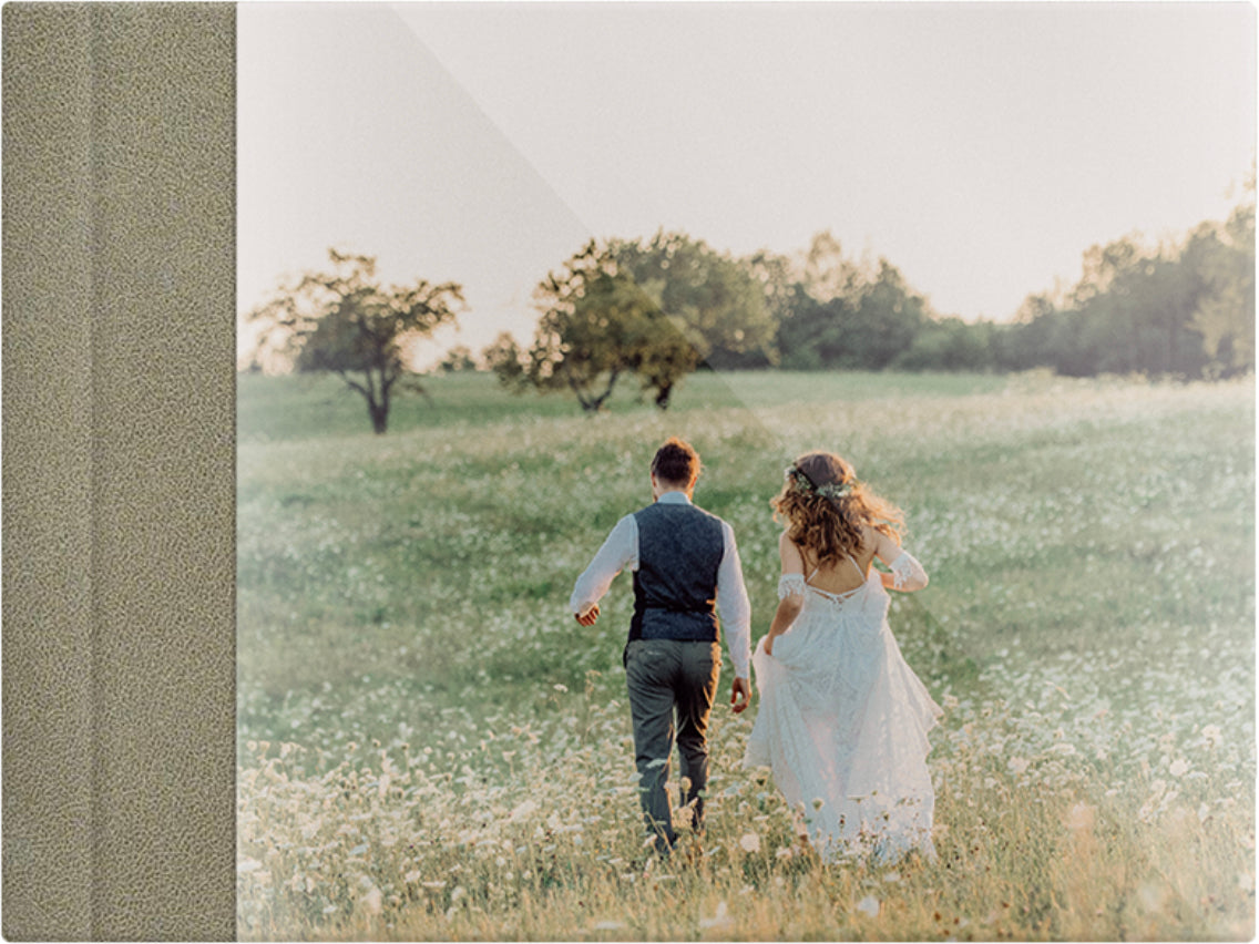 Nubuck Olive leatherette wedding album, full acrylic photo cover, 18x12