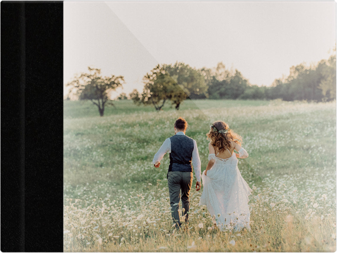 Raven Black leatherette wedding album, full acrylic photo cover, 18x12
