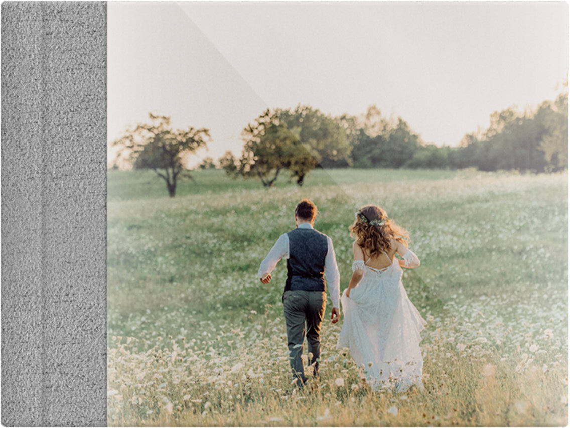 Elephant Grey suede wedding album, full acrylic photo cover, 18x12