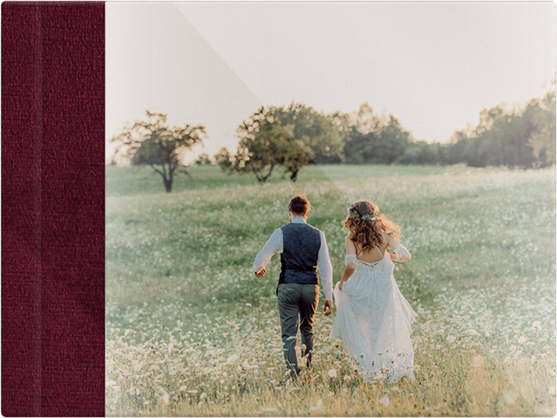 Burgundy velvet wedding album, full acrylic photo cover, 18x12